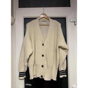 Peregrine Cardigan Size Large 100% Wool Navy Blue Striped Cuff Made In England